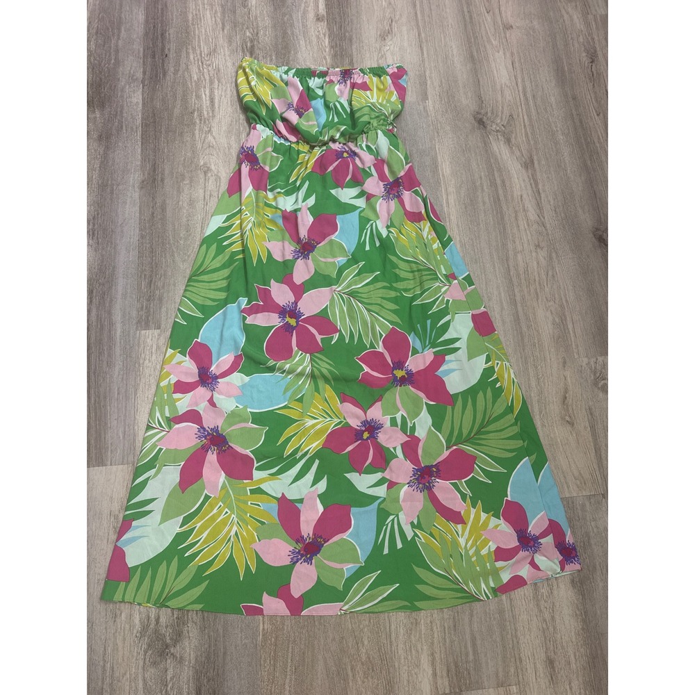 Spin Tropical Floral Strapless Maxi Dress Green Pink Women's Size Large NWT